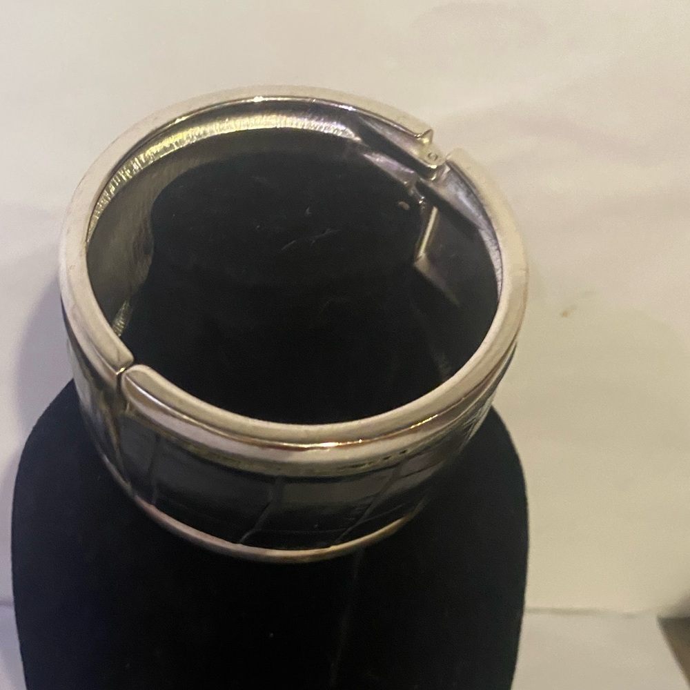 Bebe Black Croc-Embossed Leather Wide Cuff silver hinged Bracelet 1.75” w